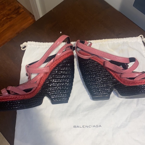 Balenciaga Size 8 Pink, Red, and Black Platform Wedge Heels - Picture 2 of 5